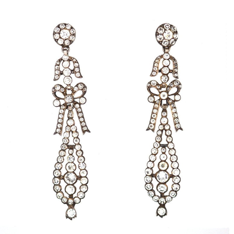 Large French Mid 19th Century Silver 'Portuguese Style' Pendeloque Bow Paste Earrings