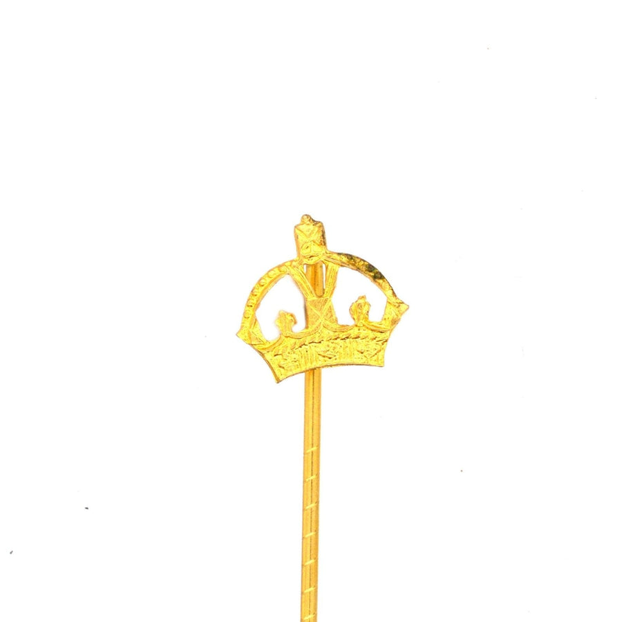 Late 1930s Royal Imperial State Crown tie pin, gold miniature crown design, perfect for ties or hats.