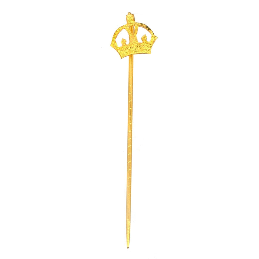 Late 1930s Royal Imperial State Crown tie pin, gold crown design, perfect for stylish ties or lapels.