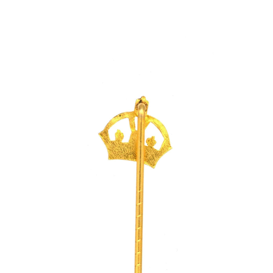 Late 1930s Royal Imperial State Crown Tie Pin, a miniature gold homage to the crown worn at royal coronations.