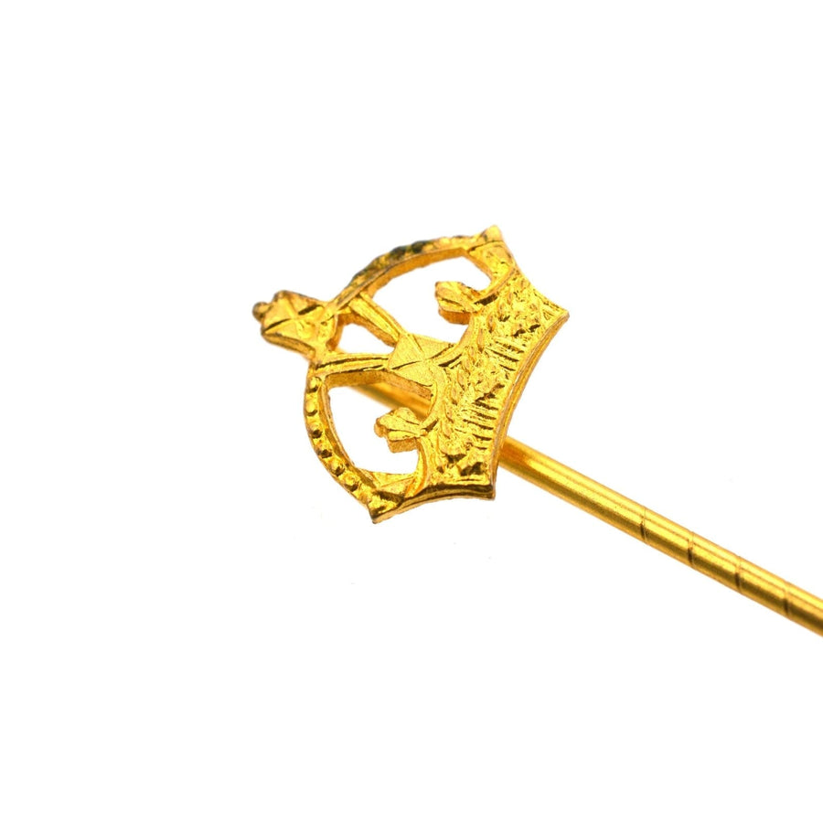 Late 1930s Royal Imperial State Crown tie pin, gold vintage design, perfect for ties, lapels, or hats.