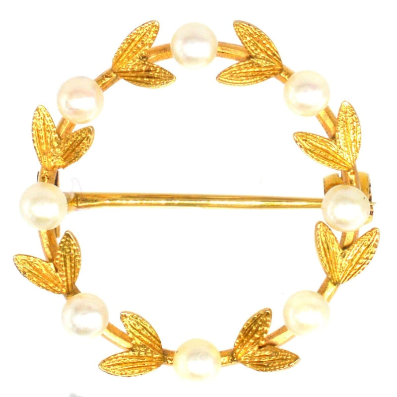 Mid 20th Century Gold and Cultured Pearl Laurel Wreath Brooch
