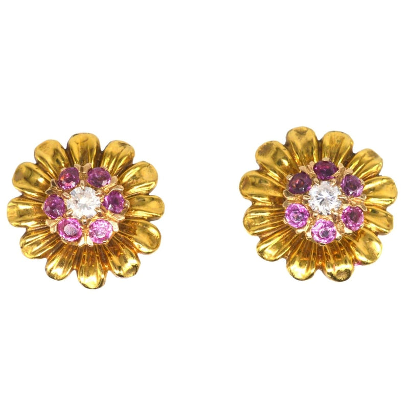 Mid Century 14ct Gold Ruby and Diamond Cluster Earrings with detachable Gold Flower Petal Jacket
