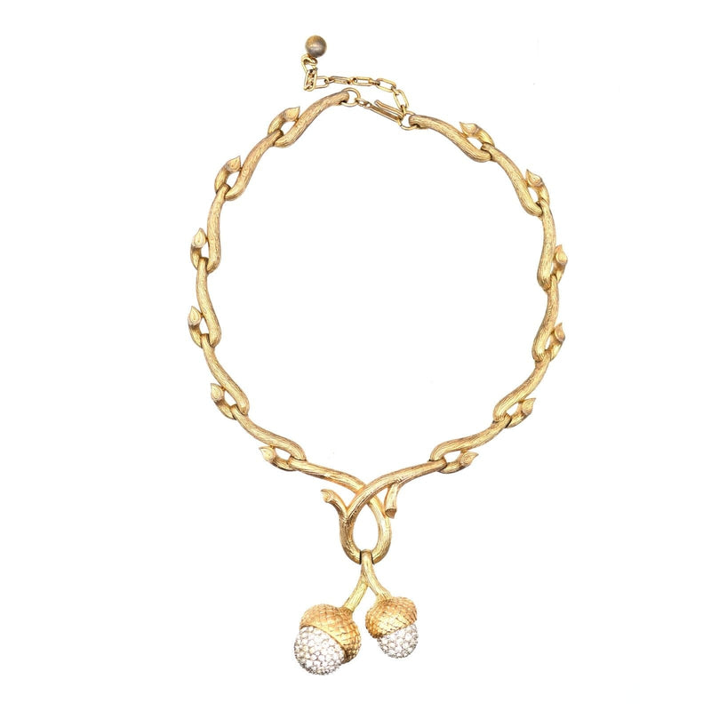 Mid-Century Trifari Naturalistic Branch and Twin Acorn Gold-Tone Statement Necklace