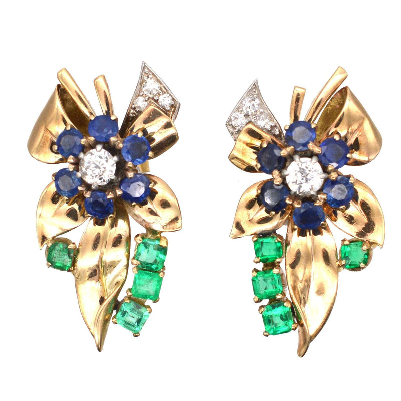 Retro 1940s 18ct Gold Tutti Frutti Earrings with Emerald, Diamond and Sapphire