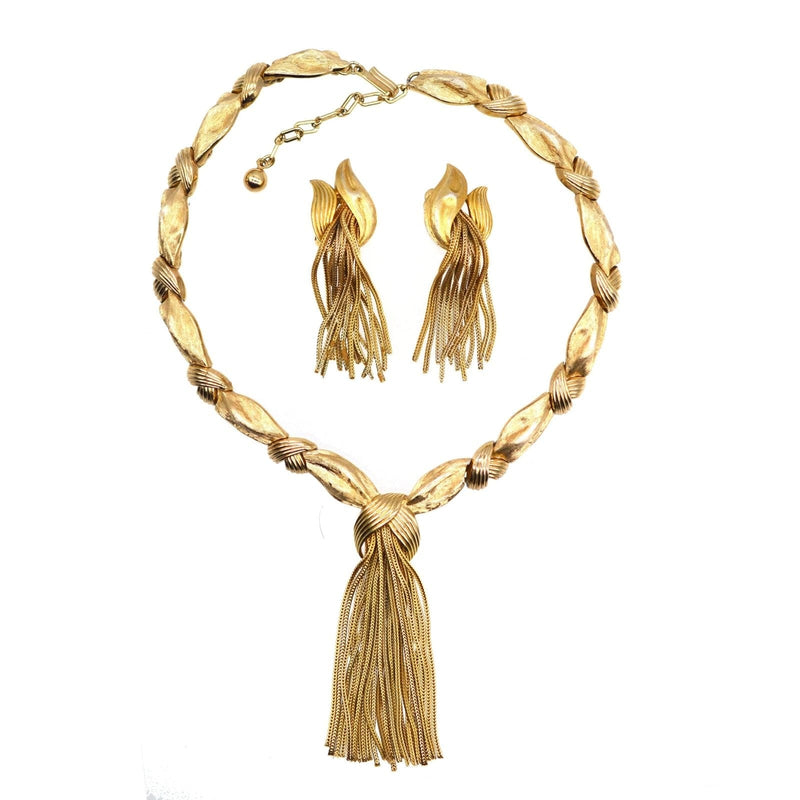 Trifari Demi-Parure Set of 1950s Gold-Tone Knot and Tassel Necklace and Earrings