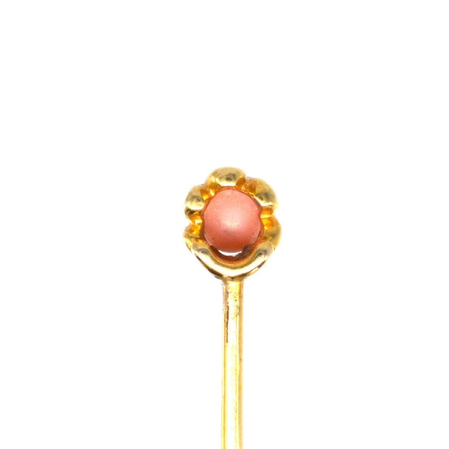 Victorian 18ct gold conch pearl tie pin featuring rare round conch pearl, certified natural saltwater. Unique vintage accessory.