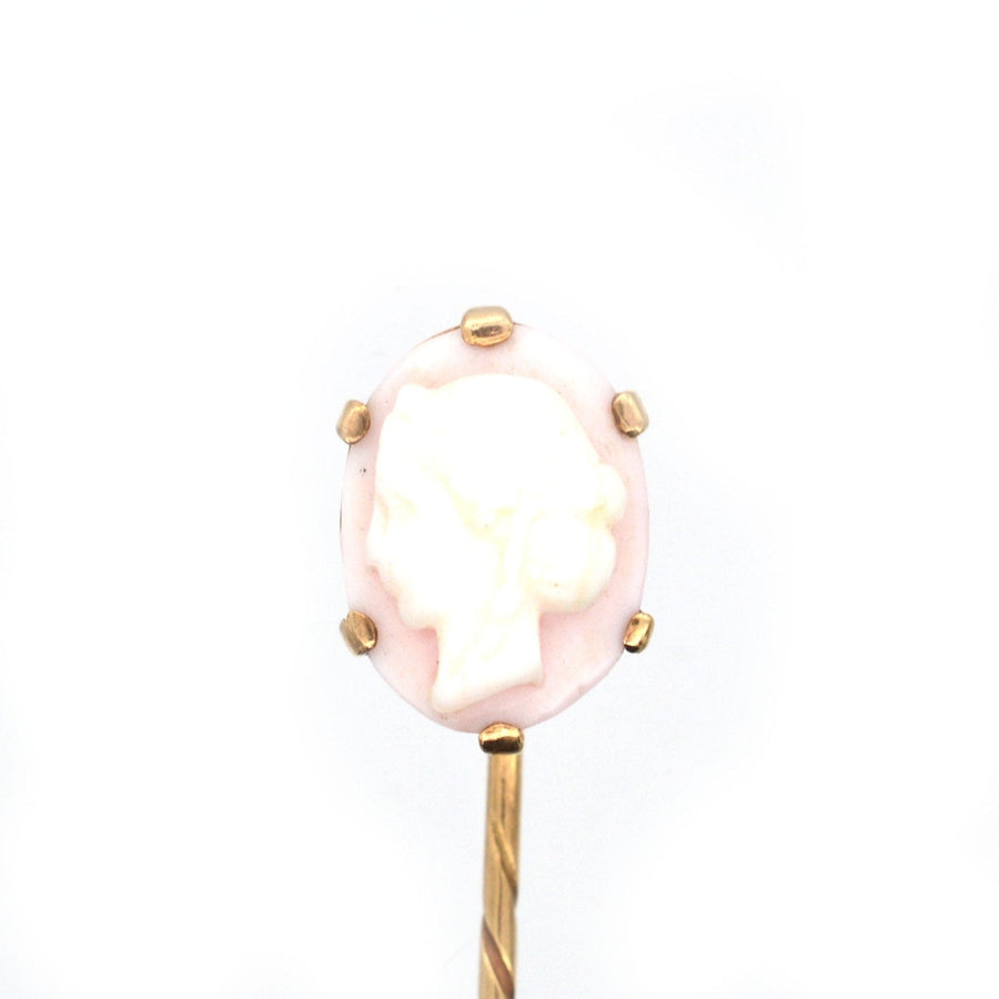 Victorian 9ct Gold, Pink Conch Shell Cameo of a Roman Goddess Tie Pin | Parkin and Gerrish | Antique & Vintage Jewellery