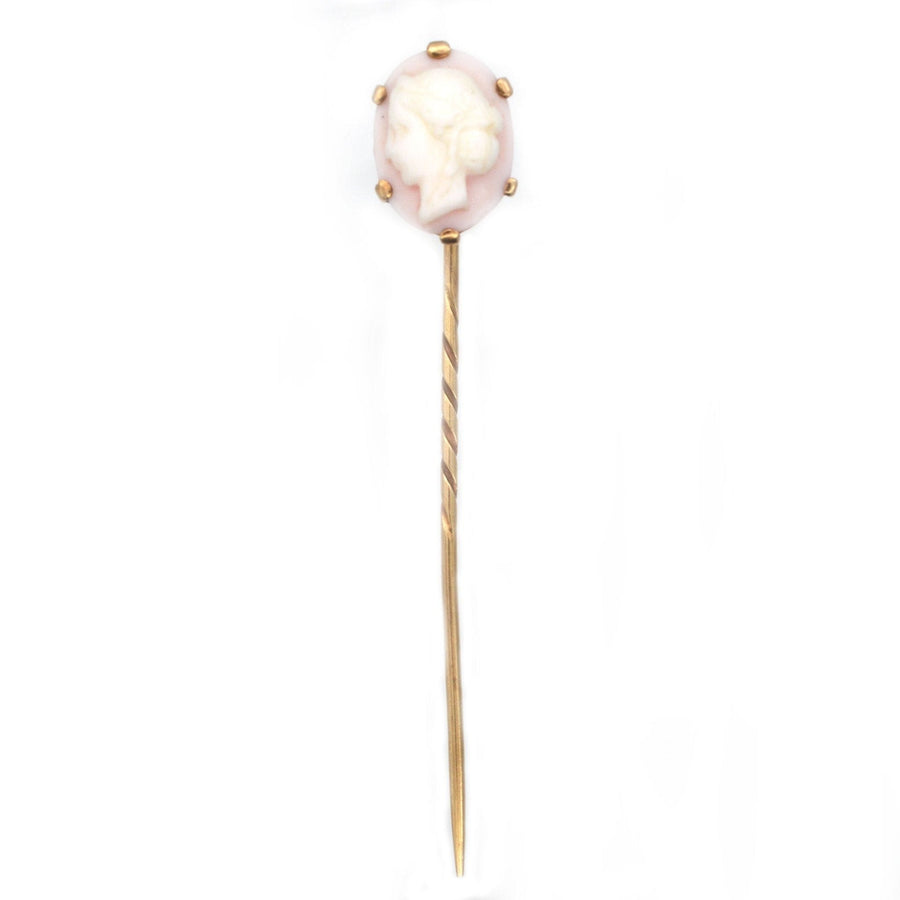 Victorian 9ct Gold, Pink Conch Shell Cameo of a Roman Goddess Tie Pin | Parkin and Gerrish | Antique & Vintage Jewellery