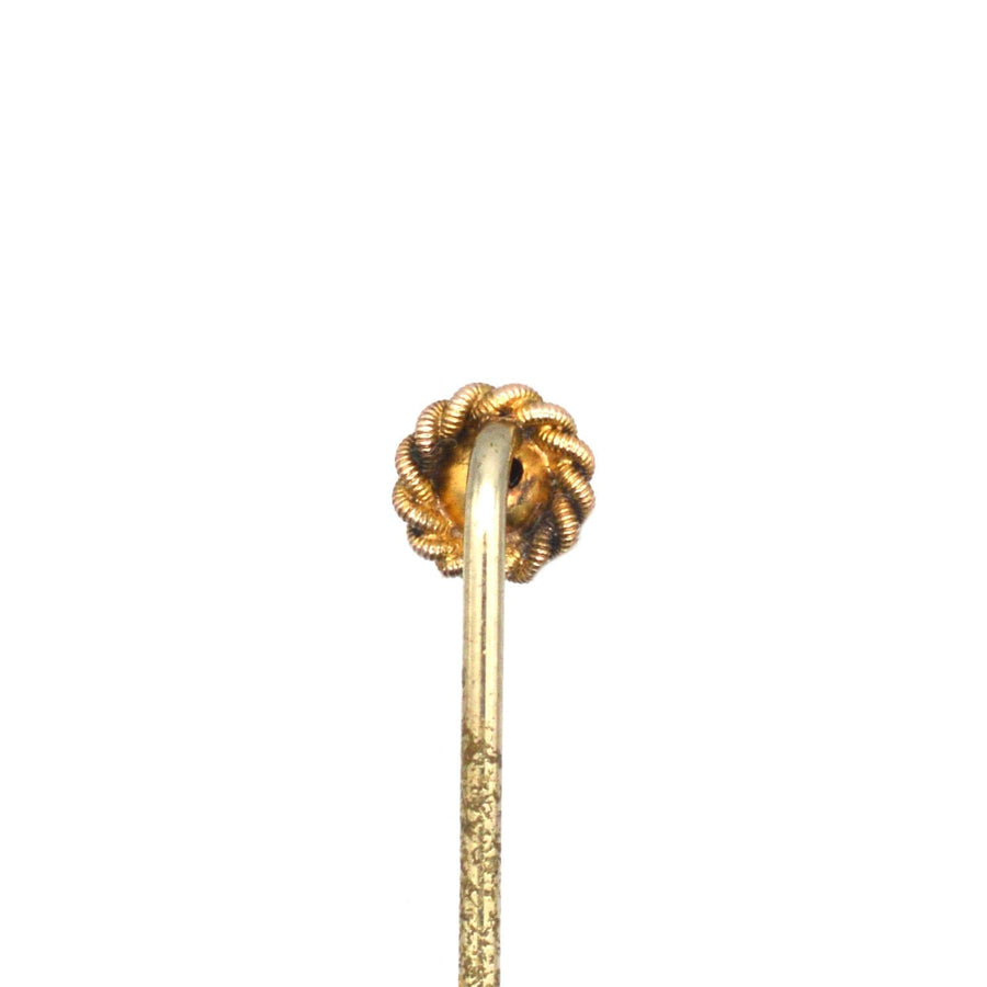 Victorian 9ct gold simple knot and ball tie pin, elegant design, perfect for colorful silk ties, with stopper included.