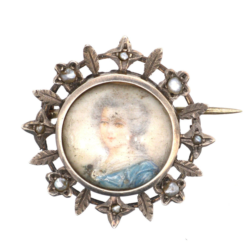 Victorian Neoclassicism Silver Gilt and Pearl Brooch with a Miniature Portrait of a Georgian Lady Brooch