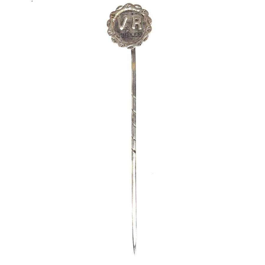 Victorian Silver 'VR' Tie Pin, commemorative piece from 1886 for Queen Victoria's Golden Jubilee.