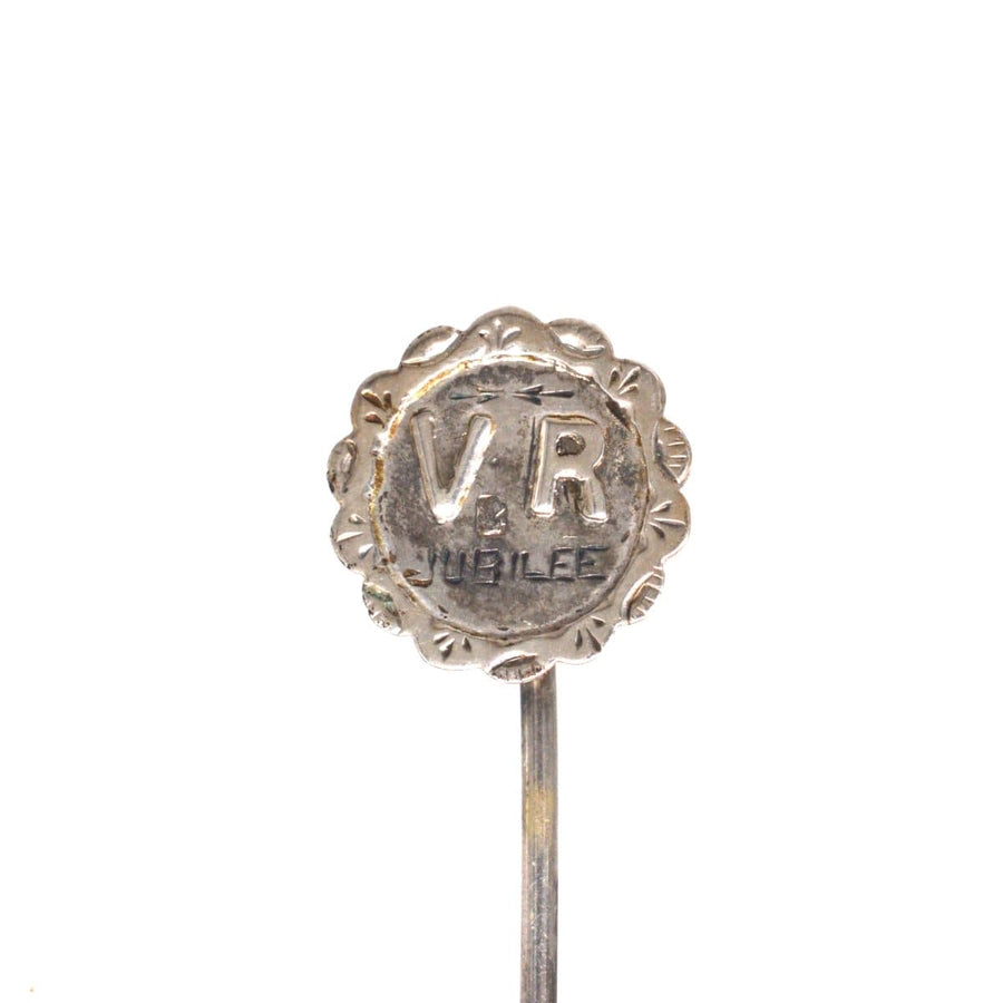 Victorian silver tie pin featuring 'VR Jubilee' inscription, a 1886 souvenir for Queen Victoria's Golden Jubilee.