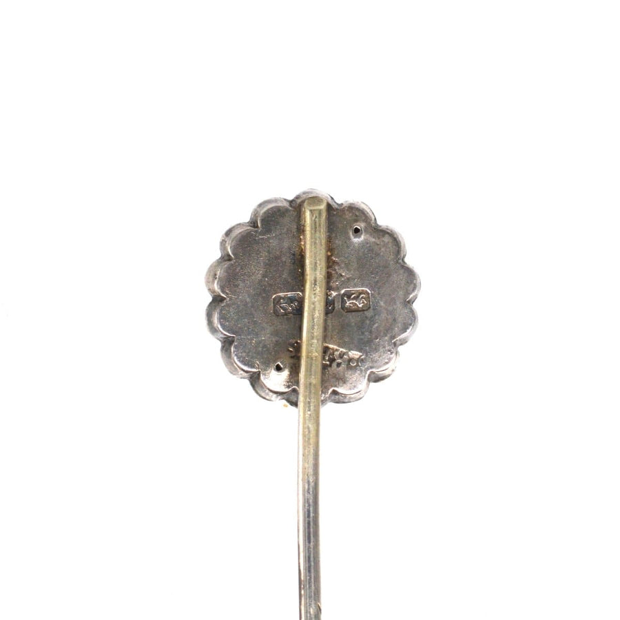 Back view of Victorian Silver 'Victoria Regina' Tie Pin, showcasing its intricate design and hallmark.